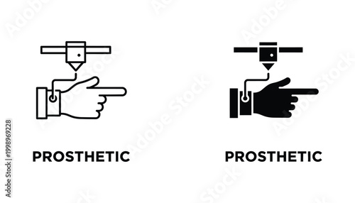 3d printing prosthetic hand icon outline and filled silhouette isolated on white background for technology and medical concepts