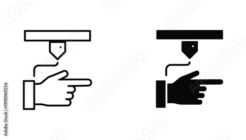Hand pointing at 3D printer nozzle extrusion process icon for additive manufacturing and industrial technology prototyping concept vector graphics
