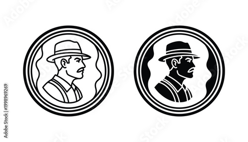 Vintage gentleman portrait in fedora hat inside circular frame for classic barbershop branding and retro style professional character design vector illustration