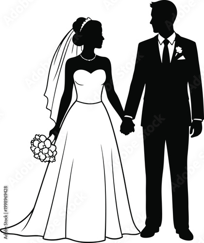 Black silhouette of a bride and groom holding hands