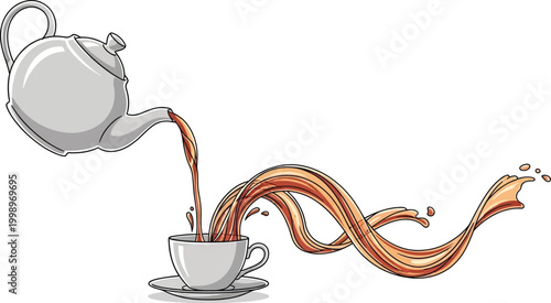 Teapot pouring tea into a cup with a wavy stream