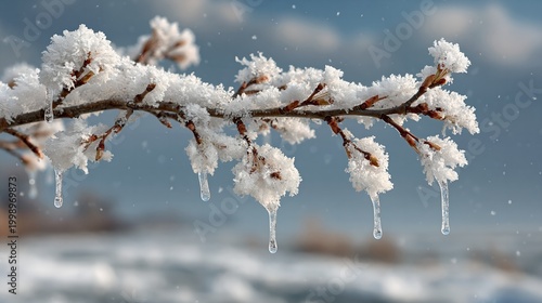 Frozen branch hangs with delicate ice crystals and dangling icicles.