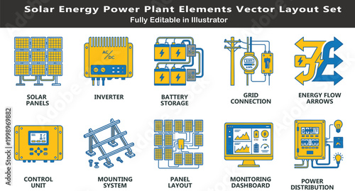 Solar energy vector icons set, top view photovoltaic system layout symbols, panels, inverter, battery storage, grid connection, monitoring CAD design