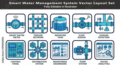 Smart water system vector icons set, top view utility layout symbols, meters, pipelines, reservoir, sensors, monitoring dashboard, pump CAD design