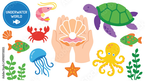 Underwater world cartoon sea creatures and ocean life set collection.