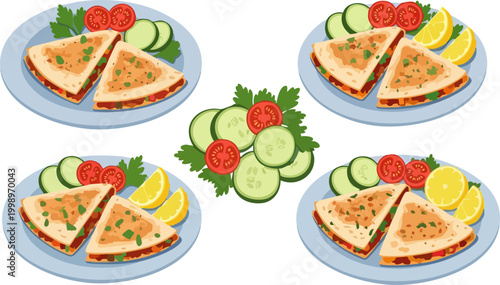 Mexican quesadilla vector set, grilled tortilla wraps with cheese and vegetables, traditional latin american street food on plates with salad garnish