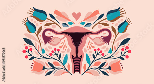 Floral uterus illustration with blooming flowers, female reproductive system anatomy art, feminine health and wellness concept vector