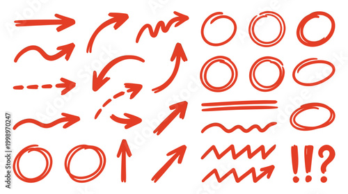 Educational annotation theme, doodle elements pack, hand drawn red style, arrows, circles, lines, squiggles, and emphasis marks.