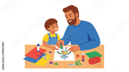 Father and son enjoying quality time together while creating a colorful robot craft project on a table, fostering imagination