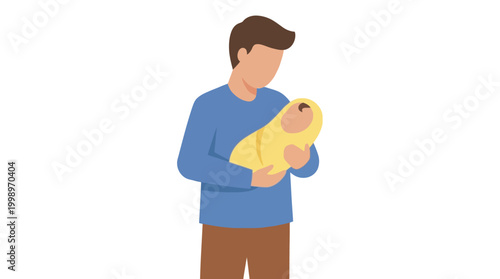 Father gently cradles his newborn baby in his arms, a tender moment of parental love and connection