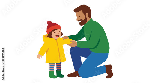 Loving father helping his happy young child put on a warm raincoat and hat, preparing for outdoor adventures and family fun