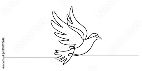 Continuous single line drawing of a flying dove bird representing peace freedom and hope in a minimalist artistic black and white style Vector, illustration