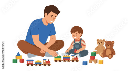 Joyful father and toddler share heartwarming playtime, building with colorful blocks and a toy train, celebrating family bonding and happy childhood
