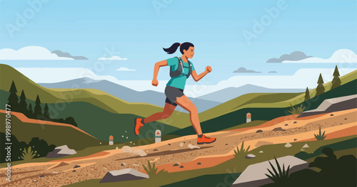 A young woman in fitness gear enjoys an outdoor summer run along a scenic desert road through sand dunes under a clear blue sky