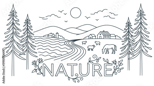 Rural farm landscape with animals and houses line art illustration.