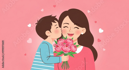 Boy kissing mother cheek holding flowers happy family moment Mothers Day celebration concept illustration on p