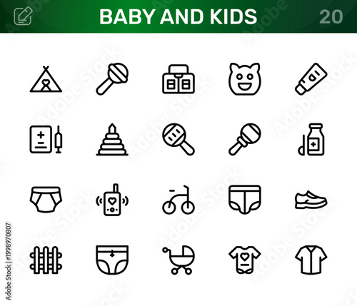 Baby and kids icon set. Modern baby and kids clean line icon bundle features elegant symbols for eco-friendly parenting and biodegradable materials.