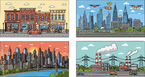 Urban city landscape vector set, vintage small town main street and futuristic metropolis with drones, industrial factory and sunset skyline