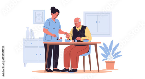 Nurse assisting elderly man with cognitive game, promoting mental stimulation and care