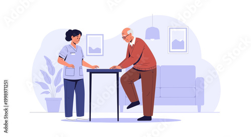 Nurse assisting elderly man with physical therapy and rehabilitation exercises at home