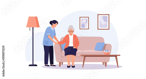 Nurse assisting elderly woman sitting on sofa in living room, home care concept