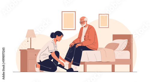 Nurse assisting elderly man with putting on slippers at home, senior care concept