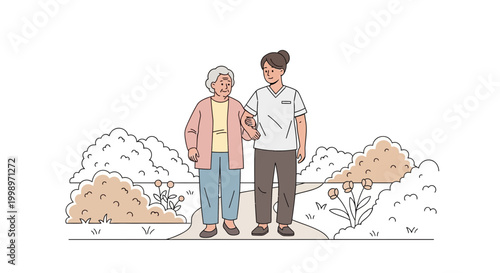Nurse assisting elderly woman walking in park, care and support concept