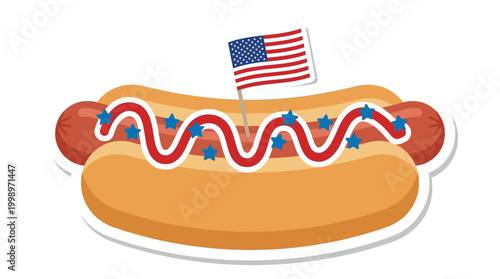 Celebrate national pride with this fun, vibrant hot dog illustration, complete with American flag and patriotic star toppings, perfect for summer festivities and holiday gatherings