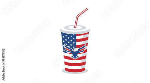 American flag patriotic eagle design soda drink with straw and striped accents for beverage and refreshment