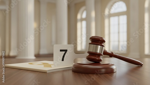 Color image of exciting courthouse auction showing a wooden gavel and number seven paddle on a desk for an annual charity auction concept for fundraising and donation support