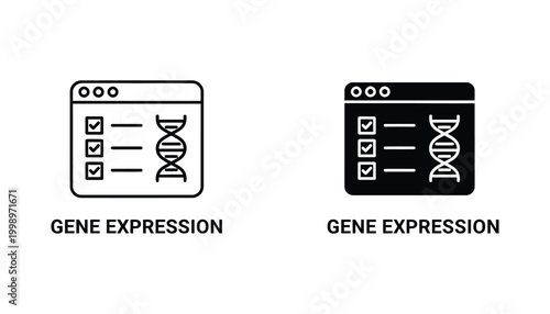 Gene expression analysis web browser icon set featuring checklist and DNA helix symbol for biotechnology and science research software