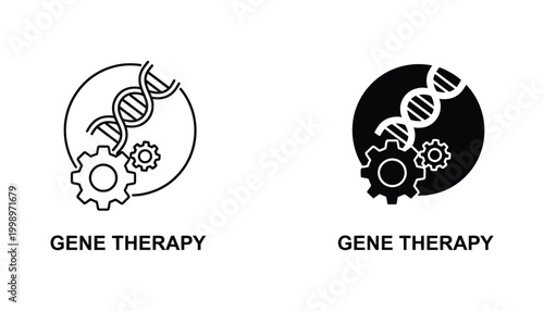 Gene therapy conceptual icon set featuring DNA helix and industrial gear for medical treatment and genetic engineering technology