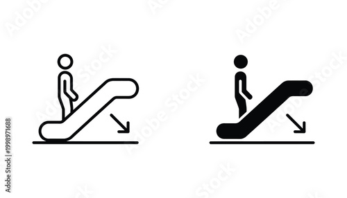 Escalator downward movement icon set with stick figure person for public transportation and navigation signage design