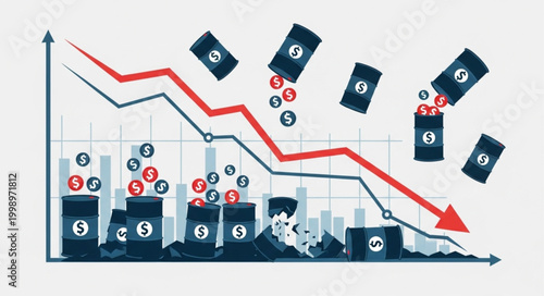 Oil price crash graph with falling barrels and coins.