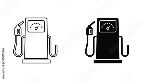 Gas pump fuel station icon set with nozzle and gauge in outline and solid black vector style for automotive and energy branding