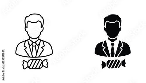 Businessman holding candy icon set featuring professional character in suit with lollipop in outline and solid black vector style