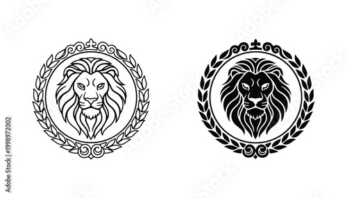 Majestic lion head inside laurel wreath circular emblem in outline and solid black vector styles for luxury branding and heraldic crest graphic design elements
