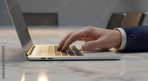 A professional's hand is actively typing on a sleek, modern laptop keyboard during a focused work session in a contemporary office setting.