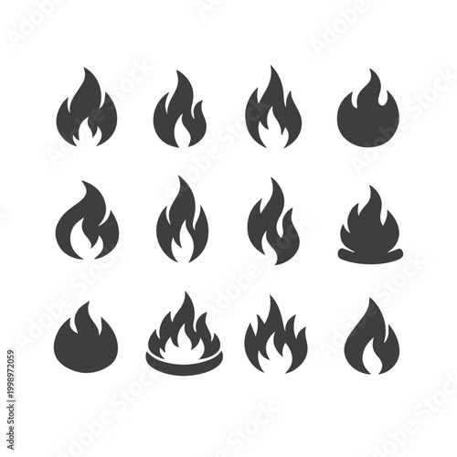 Collection of black flame icons on white background