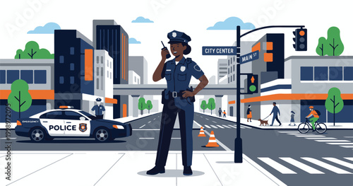 female police officer on guard on the street