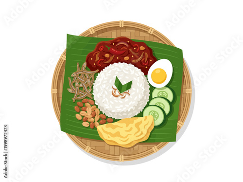 Traditional Nasi Lemak served on banana leaf with sambal egg peanuts anchovies and cucumber.