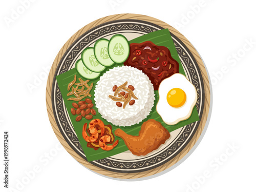 Top view illustration of Nasi Lemak with fried chicken and egg on a traditional plate.