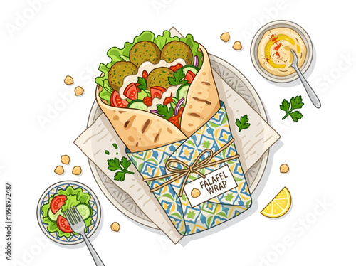 Hand drawn illustration of a delicious falafel wrap served with hummus and salad.