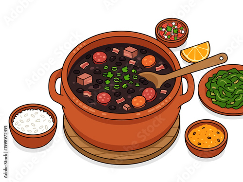 Traditional Brazilian Feijoada Stew Illustration with Rice and Side Dishes.