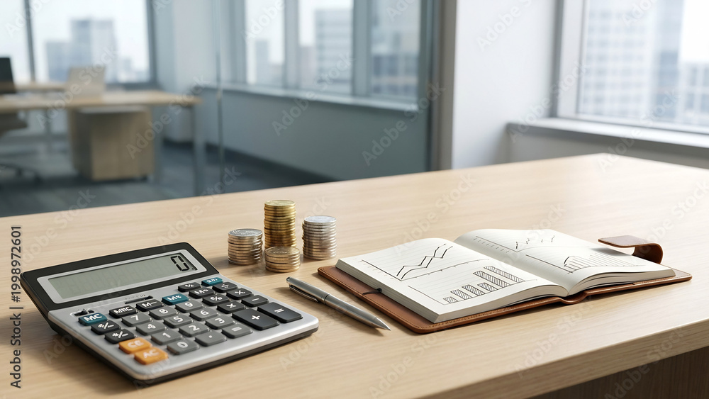 Obraz premium office desk with calculator and pen