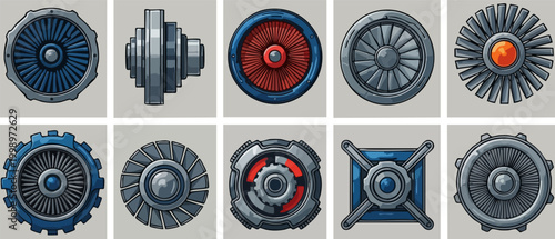 Sci-fi engine turbine icons, futuristic mechanical gear set of 10 vector elements, industrial spaceship propulsion parts for game UI design