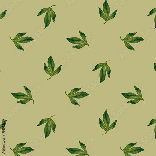 Minimal watercolor ditsy seamless pattern with small scattered green leaves on light background. Airy composition, delicate hand-painted details perfect for textiles, stationery, wallpaper, packaging