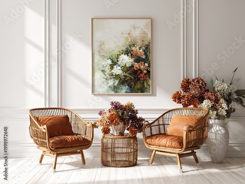 Modern living room interior with furniture.