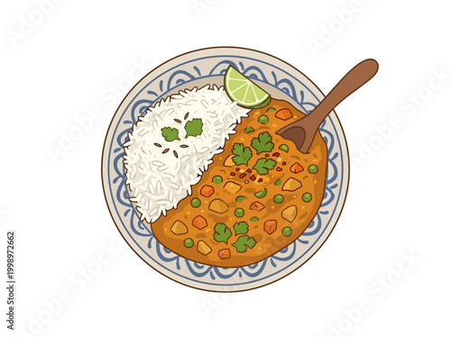 Hand drawn illustration of a bowl of vegetable curry with white rice and lime.