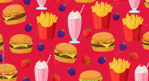 Fast food seamless pattern with burgers and french fries, colorful junk food background with milkshakes and berries, restaurant menu vector wallpaper